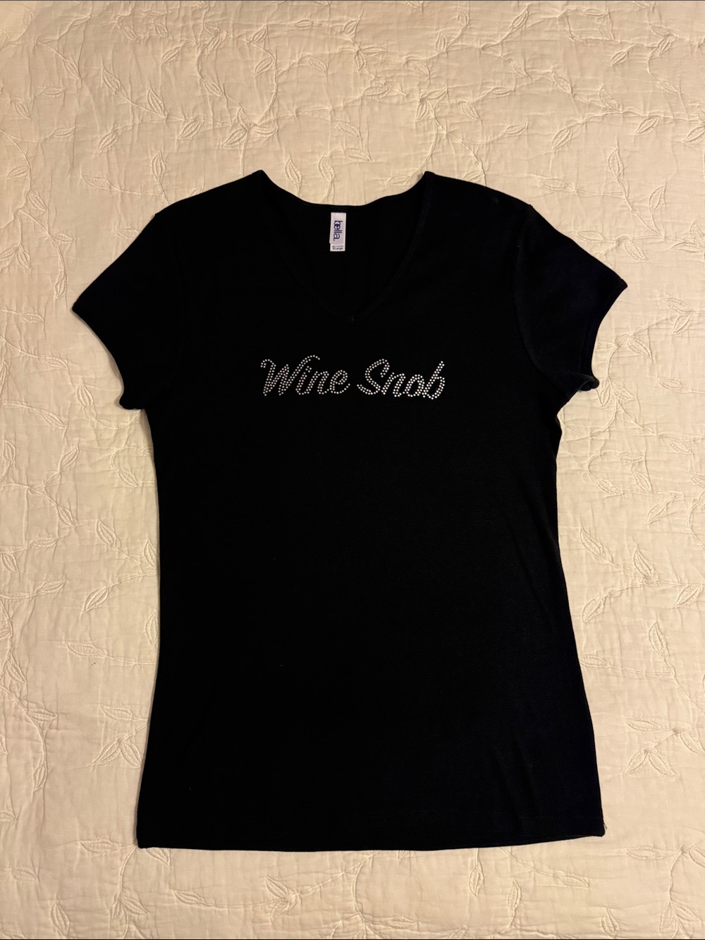 Wine Snob Rhinestone V-Neck Tee - Black